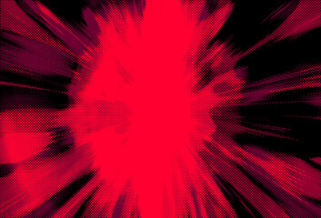Manga-style background explodes in a dynamic radial burst of dotted red, magenta, and black rays from a glowing center. Sharp, streaking lines convey intense speed and power.