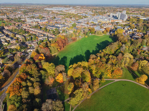 Aerial drone capture of Basingstoke town and centre on an autumnal day