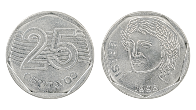 Brazilian 25 centavos coin from 1995 showing the national design and allegorical face, representing Brazil’s currency history, economic identity, and collectible numismatic craftsmanship.