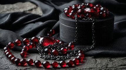 Fototapeta premium Luxury red and black jewelry beads in box for fashion, accessories or premium product visuals