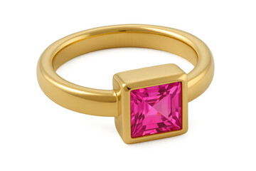 Gold ring with square cut pink gemstone, representing luxury, elegance, and fashion accessory on transparent background