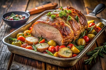 Pork roast with vegetables on tray
