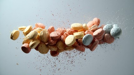 Colorful mix of vitamins and supplements mid-air for pharmaceutical, wellness or healthcare promotional visuals