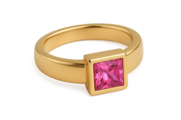 Golden ring featuring square pink gemstone, a symbol of luxury and engagement, on transparent background