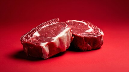 Raw red meat cuts on red background for butcher, carnivore diet or food product packaging visuals