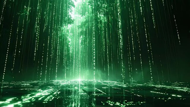 Futuristic Digital Matrix Green Code Rain Background Animation.