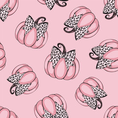 Pink Halloween Pumpkin. Vector seamless pattern. pink cheetah print, leopard print. Coquette bow