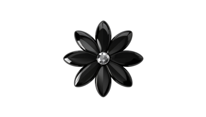 Glossy, stylized, eight-petaled flower with a diamond-like center against a stark black background