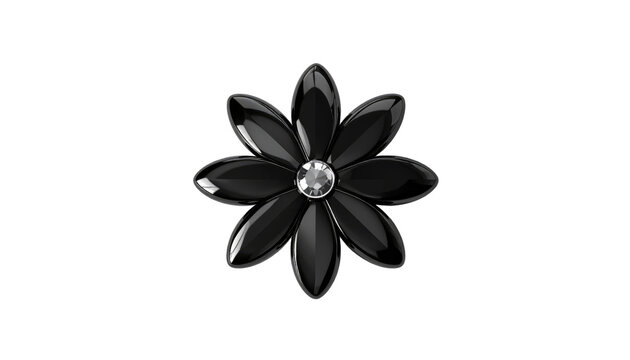 Glossy, stylized, eight-petaled flower with a diamond-like center against a stark black background
