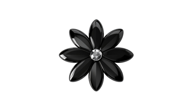 Glossy, stylized, eight-petaled flower with a diamond-like center against a stark black background