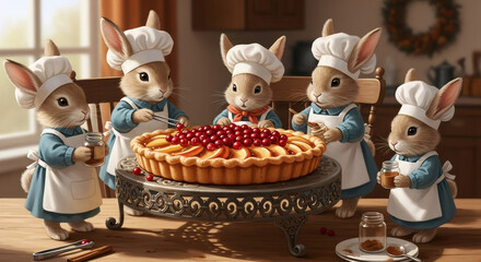Little bunny chefs preparing a delicious fruit pie with cranberries and apple slices for Thanksgiving celebration. Cute animal characters for holiday baking.