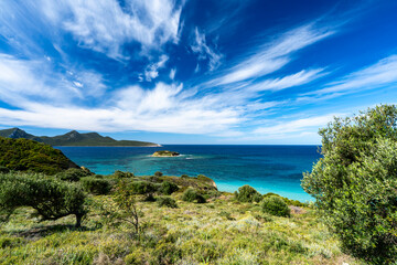 Greece, Peloponnese, Methoni - 4 April 2024 - Seascape in the city of Methoni with a fantastic sky