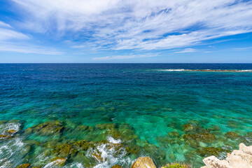 Greece, Peloponnese, Methoni - 4 April 2024 - View of the spectacular crystal clear Mediterranean water from Methoni Castle