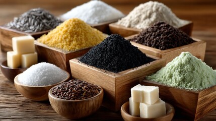 Various spices and grains in wooden bowls on rustic table for culinary branding, food ingredient display or organic product photography