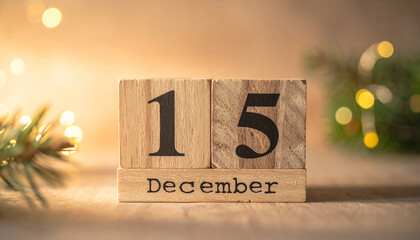 Wooden block with 15 DECEMBER in bold letters, tabletop calendar, Hanukkah celebration