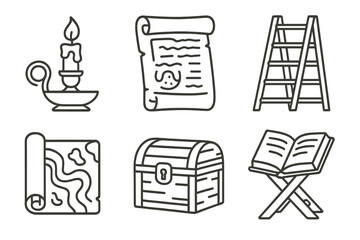 Old Library Icons. Line style icons of old library items: candle lamp, ancient manuscript, bookstand, ladder shelf, rolled map,