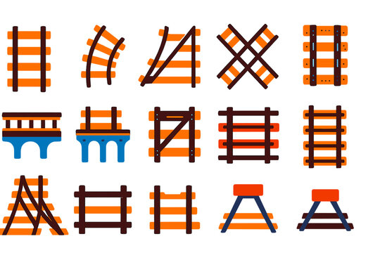 Vibrant Train Track Icons. Flat vector icons of train tracks: straight rail, curved track, railroad switch, crossing track, bridge
