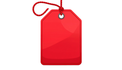 Glossy, bright red, rectangular tag hangs from a red string against a stark black backdrop, minimal shadows