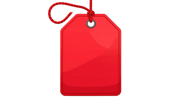 Glossy, bright red, rectangular tag hangs from a red string against a stark black backdrop, minimal shadows