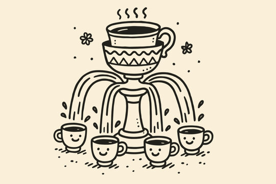 Giant Zarf Fountain. A doodle illustration of a giant zarf fountain, pouring streams of cheerful coffee into tiny happy cups