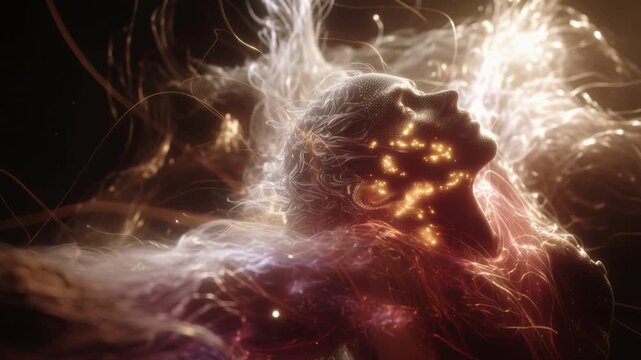Abstract animation showing the profile of a woman's face made of a digital grid. Surrounded by ethereal flowing energy. Representing consciousness. Metaverse exploration and technological singularity