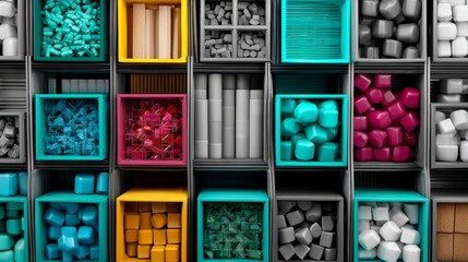 Organized colorful storage containers in top view grid layout for inventory branding or home organization product photography visuals