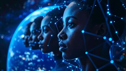 Futuristic AI network connecting diverse human faces in digital space. - Powered by Adobe