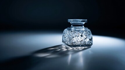 Crystal glass perfume bottle on glossy reflective surface