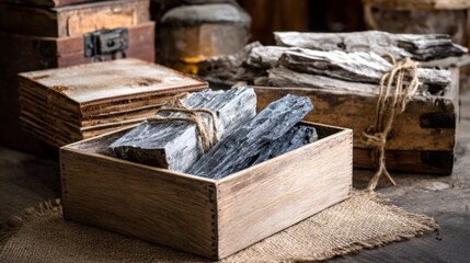 Wooden crates filled with charcoal pieces for industrial product packaging or barbecue fuel branding and rustic cooking photography visuals