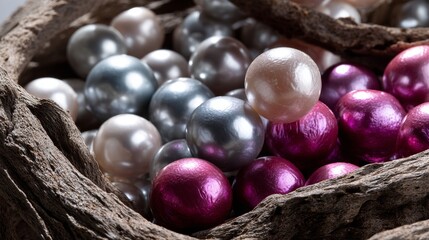 Basket filled with metallic and pearl-like decorative balls