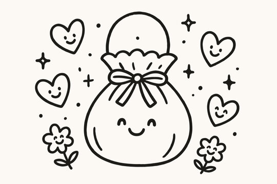 Joyful Handbag Doodle. A doodle of a smiling reticule handbag with a drawstring bow, surrounded by cheerful hearts, tiny stars,