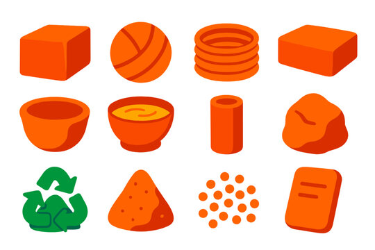 Clay Forms Icons. Flat vector icons of clay forms: raw clay block, wedged clay ball, coil of clay, slab of clay, pinch pot, clay