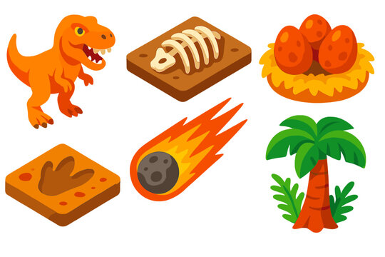 Colorful Dinosaur Icons. Isometric vector illustration set Dinosaur Era: T-Rex predator, fossil ribcage, egg nest, fossilized
