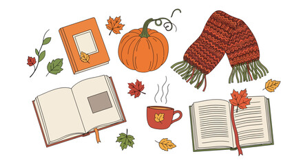 A charming hand-drawn illustration of cozy autumn essentials including books, a pumpkin, a warm scarf, and a steaming mug.