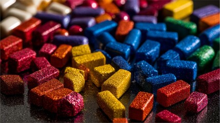 Glittering metallic sugar cubes in rainbow colors for confectionery product branding or candy advertising and festive celebration visuals