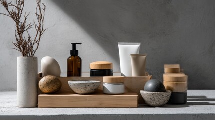 Natural bathroom spa products on stone surface for skincare branding or organic wellness product lifestyle photography and packaging