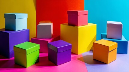 Obraz premium Colorful geometric boxes on bright background for packaging design or creative branding photography and vibrant minimalist visuals