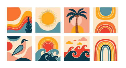 A collection of eight abstract, minimalist illustrations featuring natural elements like sun, waves, palm trees, seagulls, and rainbows in a vibrant, boho-inspired color palette.