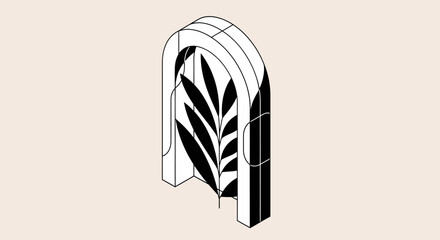 An abstract isometric illustration of a stylized archway with a plant motif.