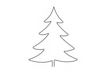 Christmas tree outline drawing, simple holiday winter symbol, minimal black line art vector icon on transparent background