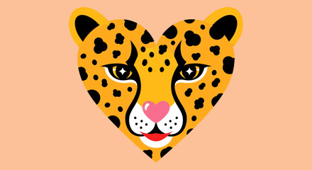 A stylized heart-shaped cheetah face with black spots and a pink nose on a peach background.
