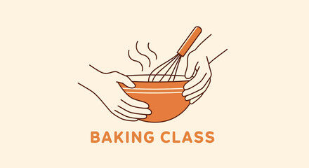 Illustration depicts hands holding a bowl with a whisk, steam rising, and the words "Baking Class".