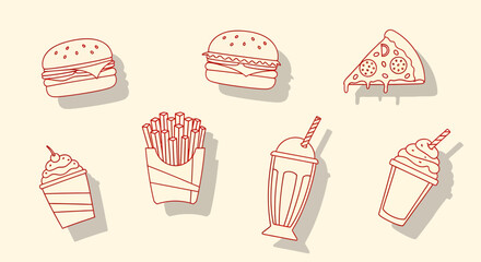 A collection of red line art fast food icons including burgers, pizza, fries, and milkshakes on a cream background. © SAI CREATIVE