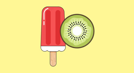 A vibrant illustration of a red popsicle next to a sliced kiwi fruit on a plain yellow background.