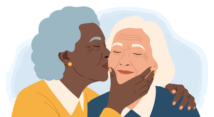Two elderly women sharing a tender moment, one kissing the other's cheek with affection and care.