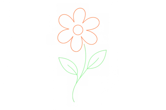 Simple flower drawing presenting an orange outline bloom with a green stem and leaves, created as a minimalist doodle