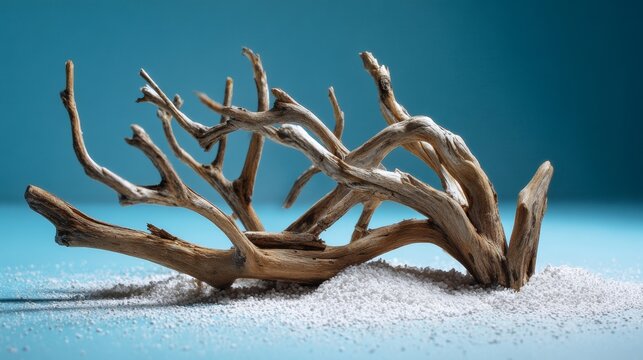 Dry driftwood branch on sand with blue sky for coastal nature design concept