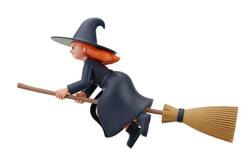 A whimsical witch with red hair flies on a broomstick, embodying magic and autumnal charm.