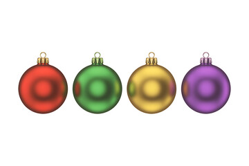 Colorful, round ornaments in red, green, yellow, and purple, festive holiday decorations.