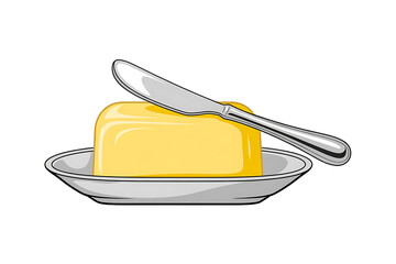A vibrant yellow butter block rests on a plate, accompanied by a shiny metal knife.
